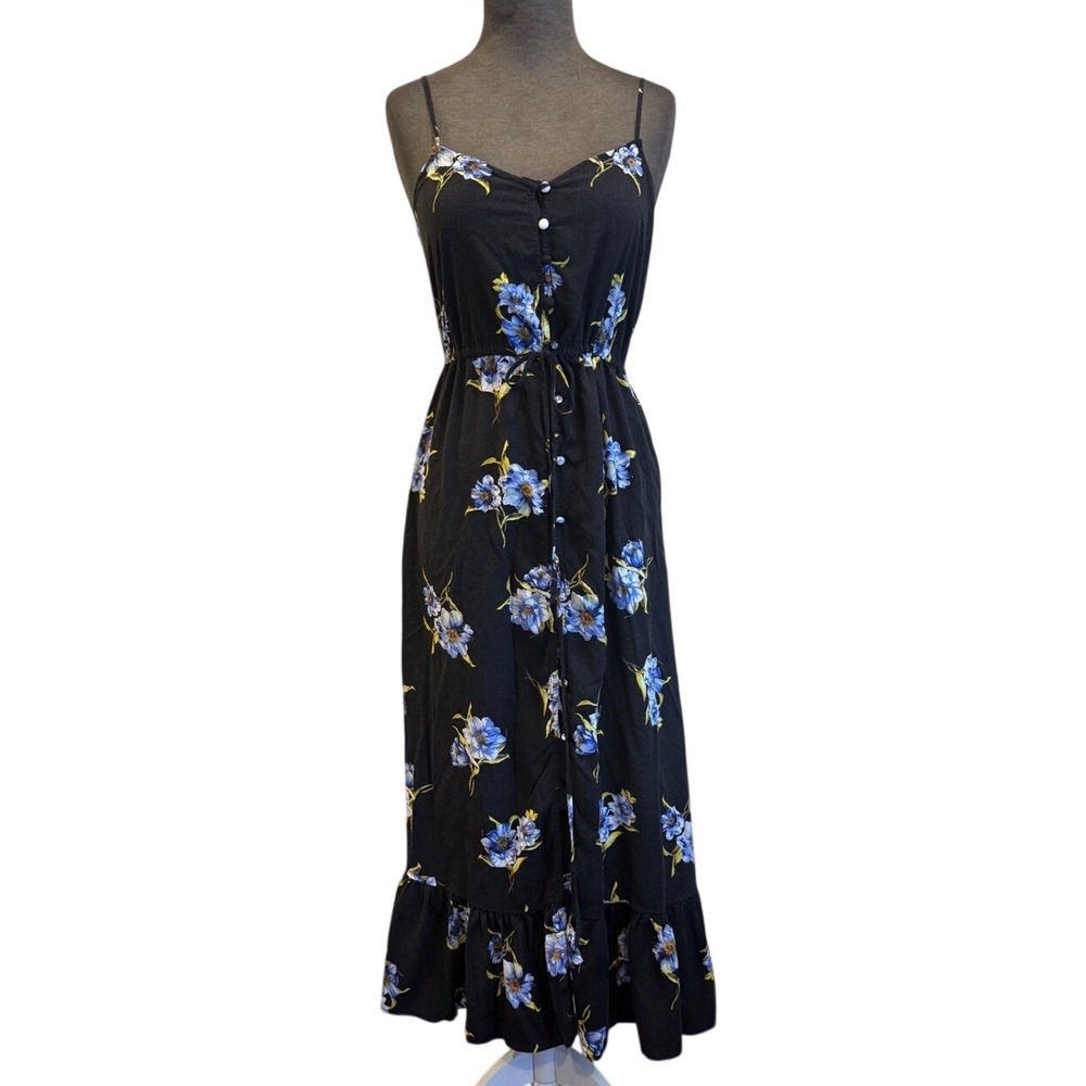 Urban Outfitters Floral Button‎ Front Midi Dress Black Blue Rayon Size S P